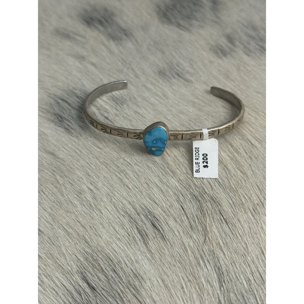 Sterling Silver Blue Ridge Turquoise Stamped Cuff Bracelet Stacker Single Stone - Picture 6 of 16